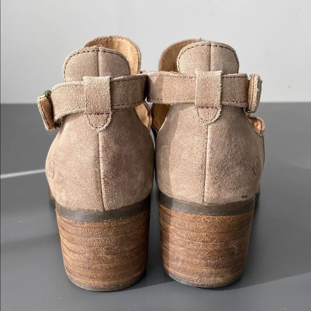 Born Women’s Tan Suede Buckle Heeled Boots Bootie Sz 8 Boho Chic Western Cottage